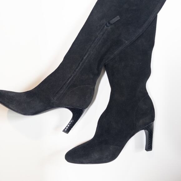 Tory Burch Over the Knee Stretch Boot Womens 7 Black Suede 80mm Snake Skin Heel - Picture 3 of 10